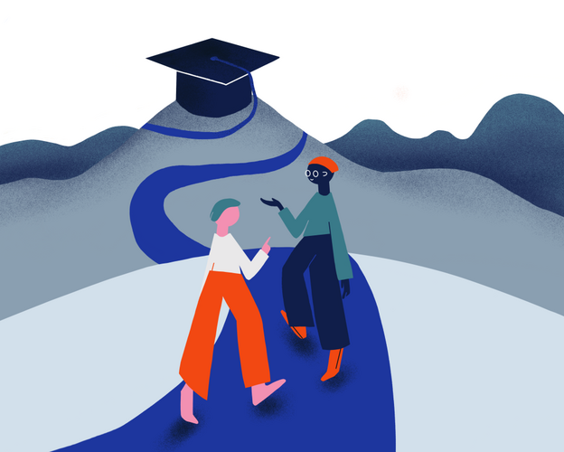 Abstrakte Illustration zum Thema Gute Betreuung in der Promotion, zwei Figuren laufen einen bergigen Pfad lang mit Ziel Promotionshut auf dem größten Berg im Hintergrund