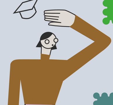 Bühne Qualifizierungsprogramm 23/24 Person mit über ihr schwebendem Doktorhut schaut in die Ferne, bunte Formen um sie herum