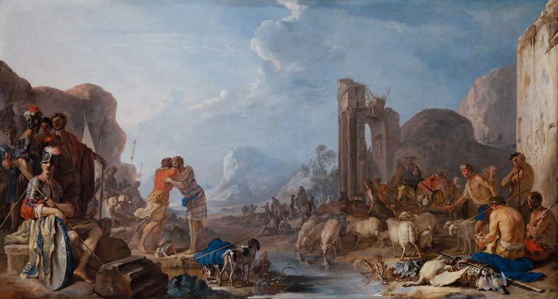 Jacob und Esau umarmen sich an einem Fluss