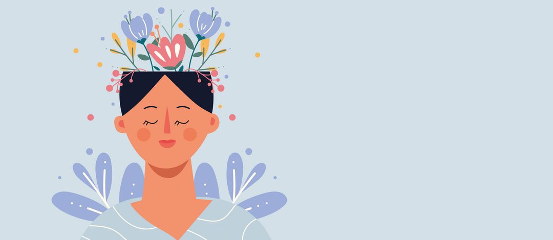 Dekoratives Bild zur Illustration des Themas mentale Gesundheit: Aus dem Kopf einer Frau wachsen Blumen