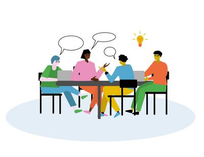 Illustration: Mehrere Personen sitzen an einem Tisch und diskutieren.
