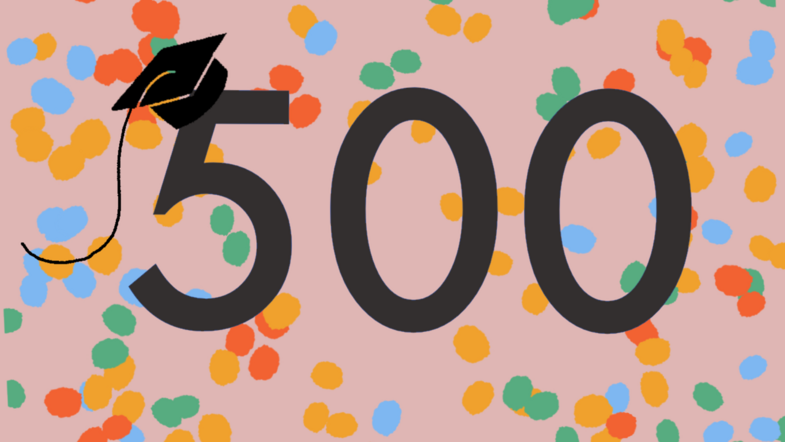 The picture shows a 500 with a graduate's hat surrounded by confetti.