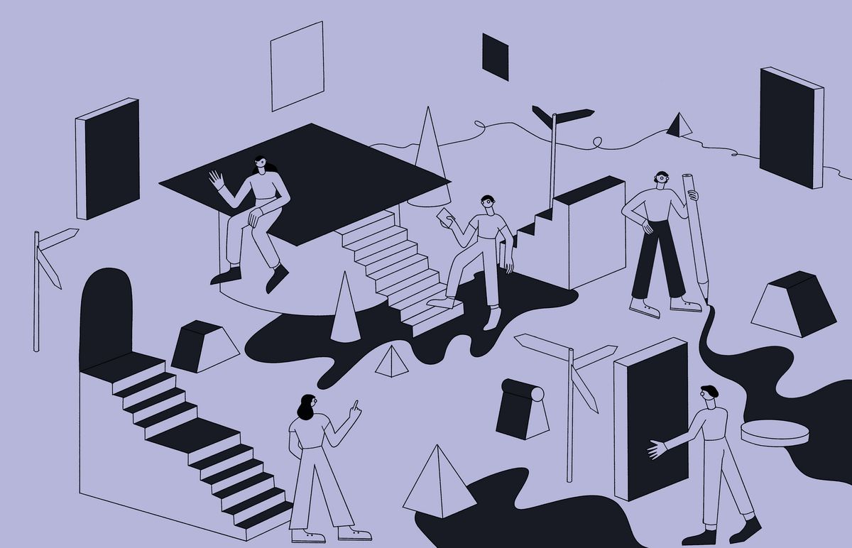 Career Week für Wissenschaftler:innen 2023 Mehrere Personen in einer Landschaft aus geometrischen Formen, Wegweisern und Doktorhut