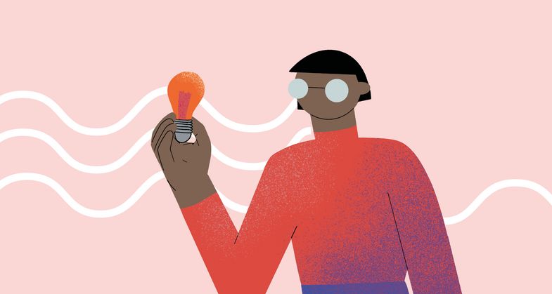 Illustration Qualifizierungsprogramm der Research Academy Leipzig 2021/22; eine Figur hält eine leuchtende Glühbirne in der Hand 