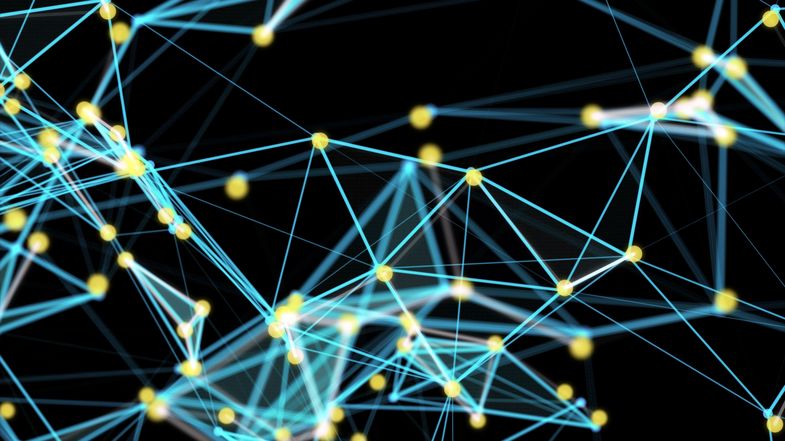 brigth yellow dots connected by light blue lines against a dark background